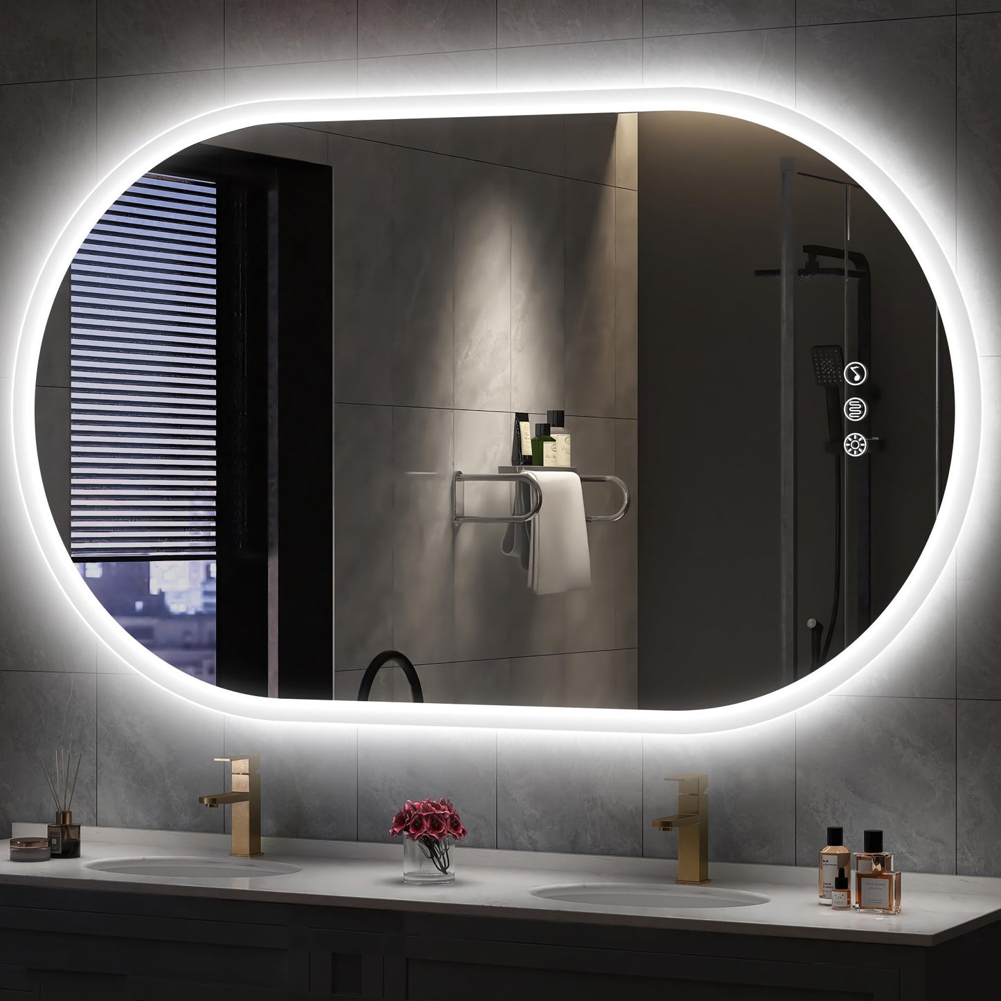 Oval Bluetooth bathroom mirror with lighting