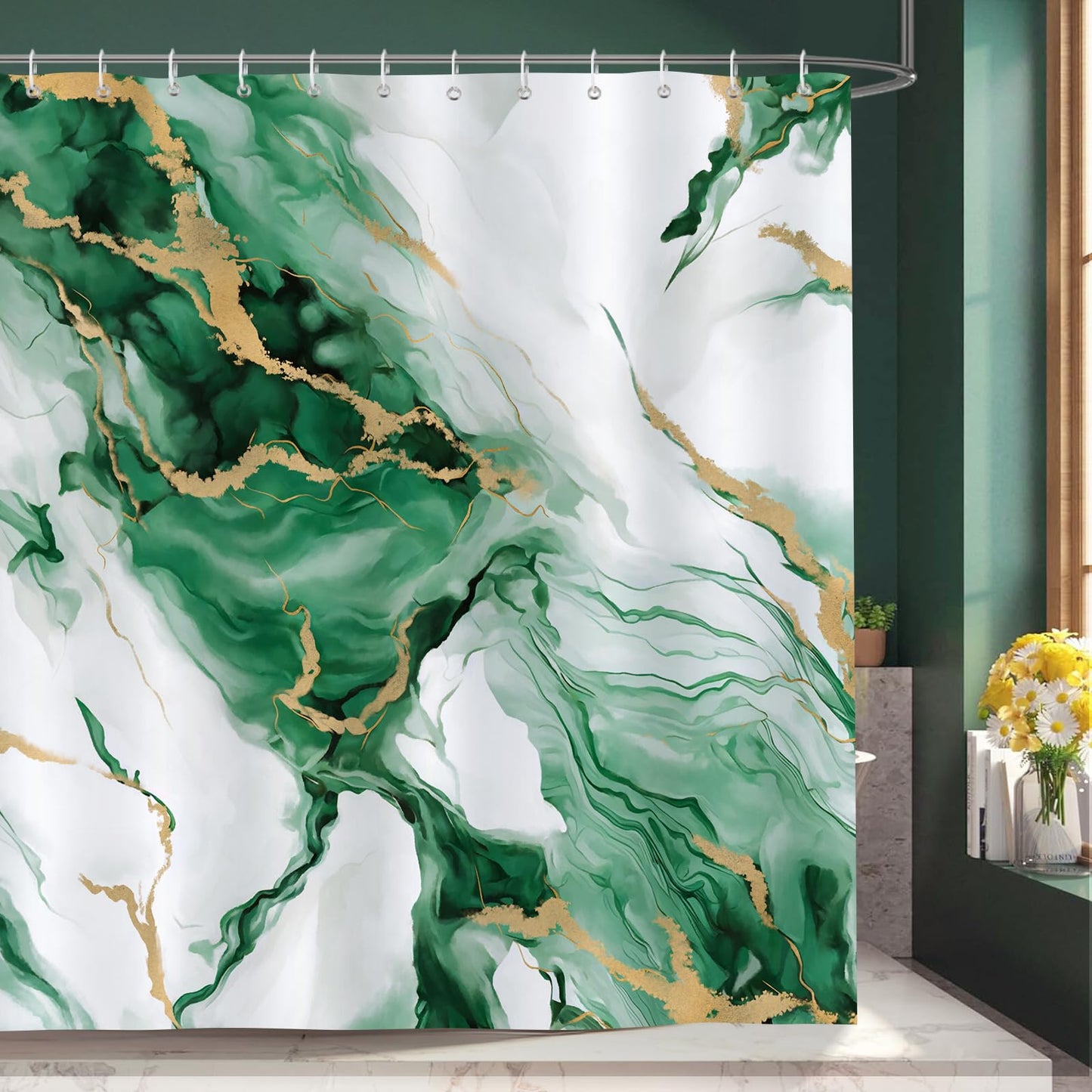 Shower curtain green and gold